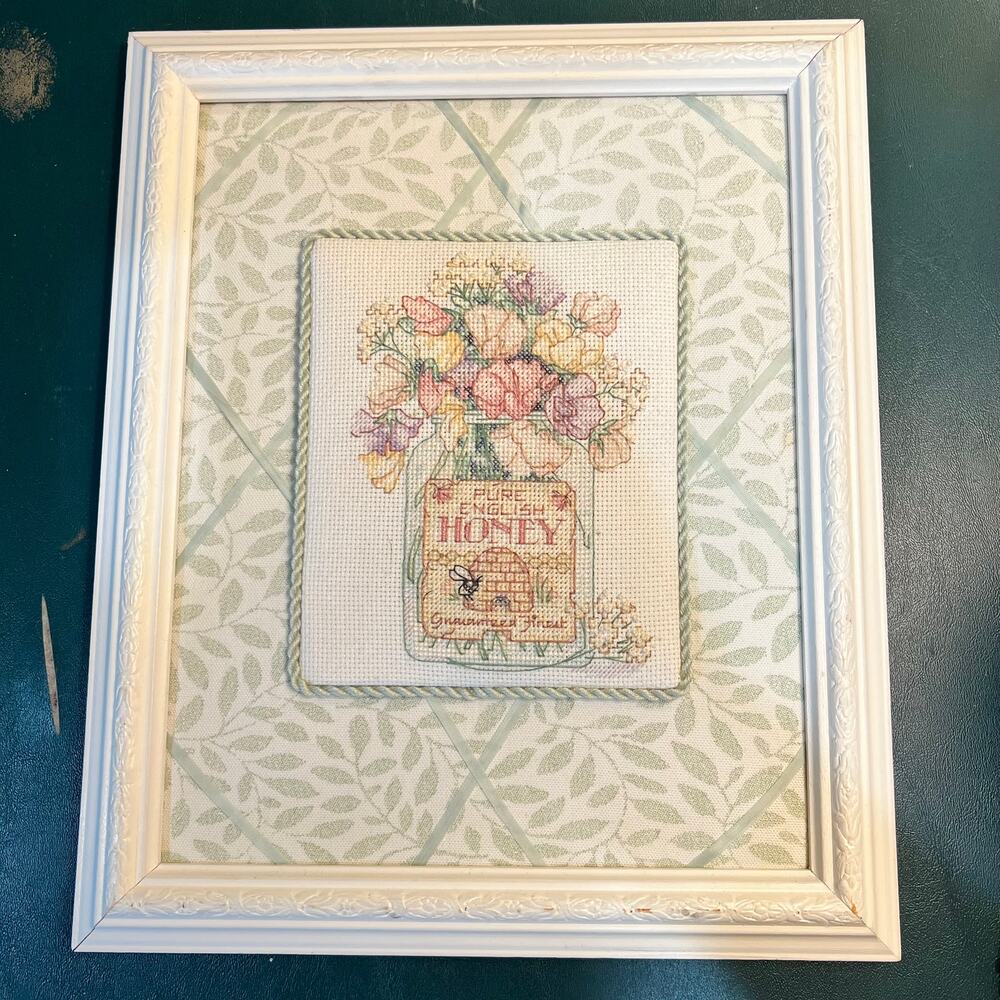 Cross-Stitched PURE ENGLISH HONEY Jar Floral Vintage Frame 10" x 12"